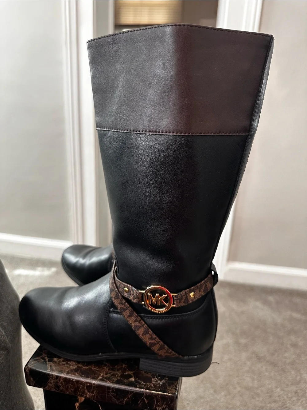Michael Kors Black and Brown Leather Knee Boots with Gold MK Accent for Girls
